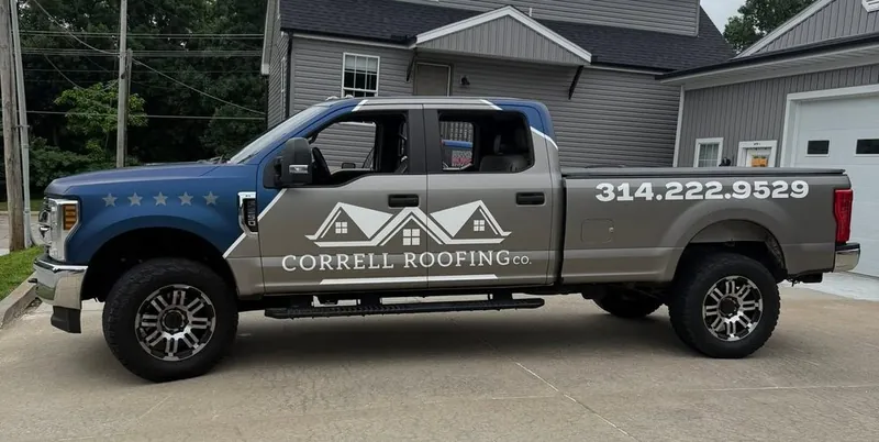 Correll Roofing F-250 work truck, side view