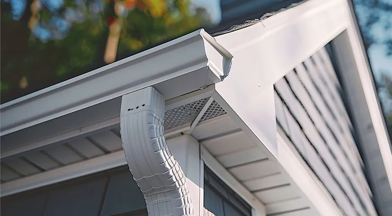 White seamless gutter and downspout at a roof corner