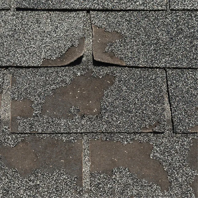 Weathered asphalt shingles with worn spots and missing granules